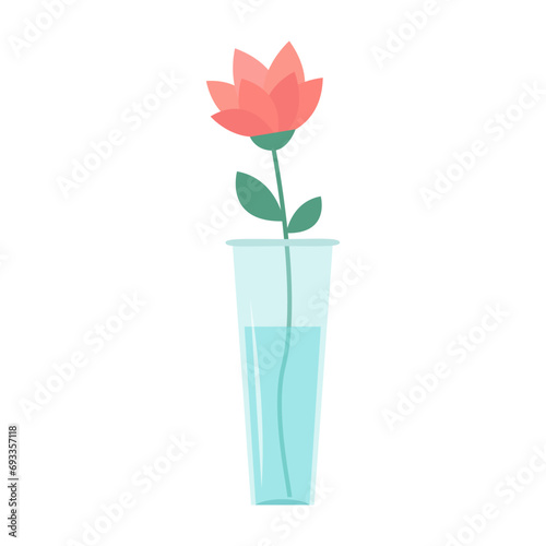 Flower in vase. Glass vases with blue water. Cute colorful icon collection. Pink flowers. Ceramic Pottery Glass decoration. White background. Flat design.