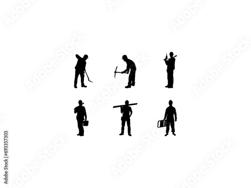 Set of Construction Worker Silhouette in various poses isolated on white background