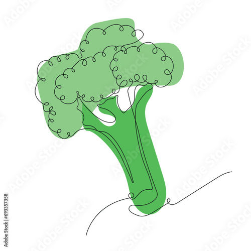 Broccoli in continuous line art drawing style. One broccoli minimalist black linear sketch with colored spots isolated on white background. Vector illustration