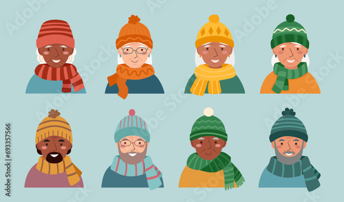 Set of seniors people in warm hats and scarfs isolated on a blue background.