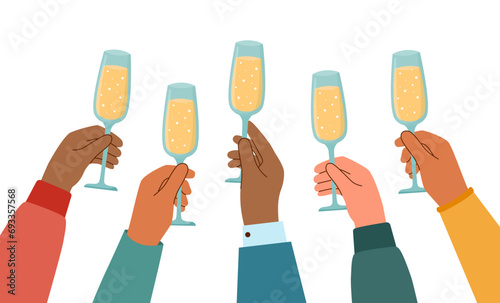 Human hands with champagne flutes raised upwards. Celebration concept. Holiday concept.