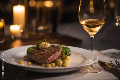 A restaurant table with a glass of white wine with steak.