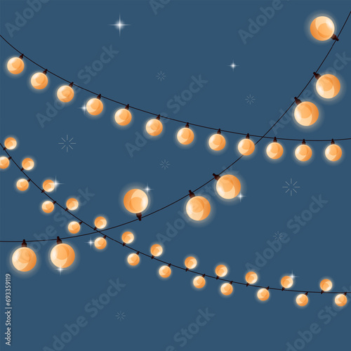 Gold garland on a blue background. Christmas holiday illumination. Round light bulbs, lights, lighting. Flicker and glare. Vector illustration with gradient.