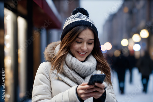 冬のストリートでスマートフォンを操作する女性.generative AI © imak