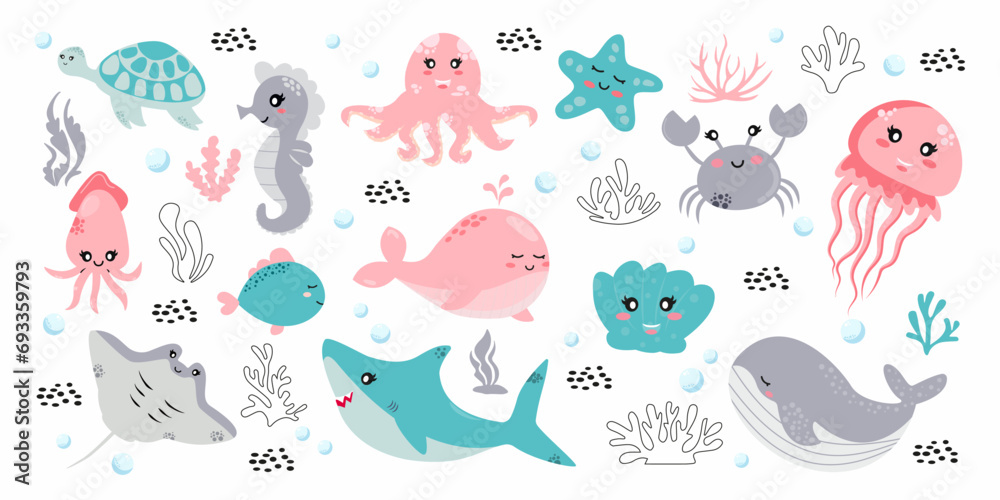 Set with hand drawn sea life elements. Sea animals. Vector doodle ...