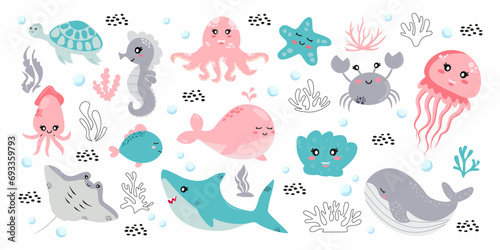 Set with hand drawn sea life elements. Sea animals. Vector doodle cartoon set of marine life objects for your design. photo
