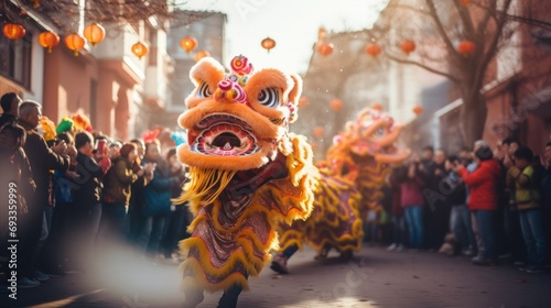 Vibrant dragon dance performance during Chinese New Year celebration. Cultural tradition. photo