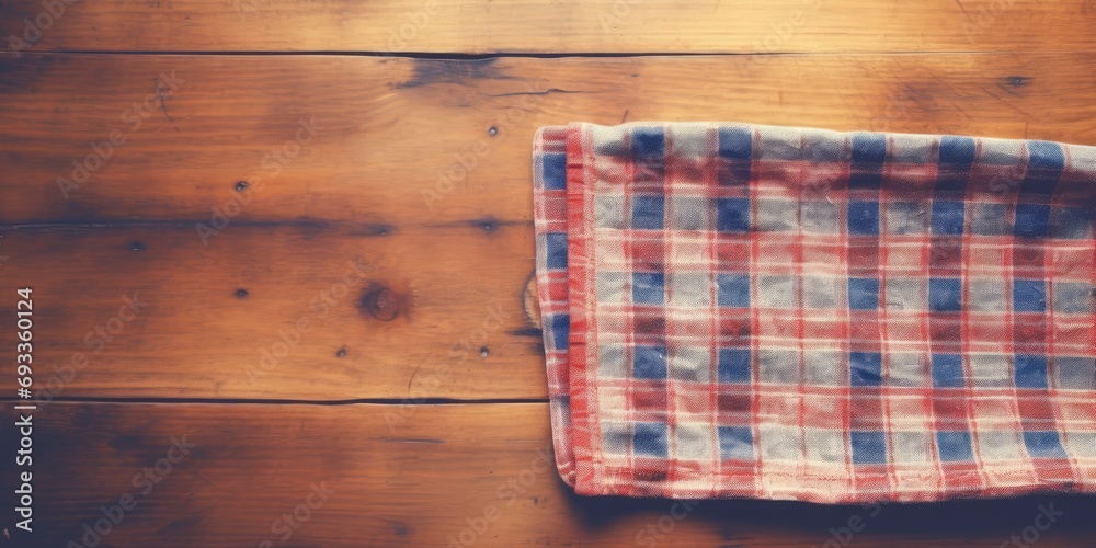 Vintage-filtered kitchen cloth on wooden table, with empty area for text.