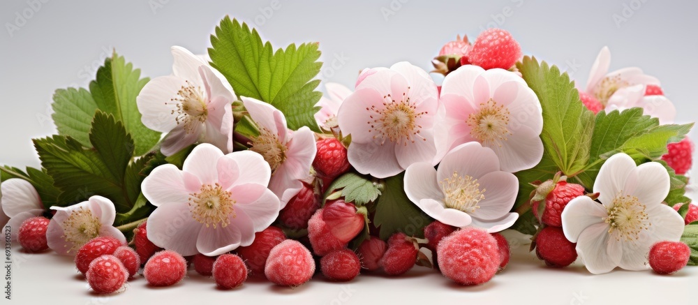 Rosy blossoms and young blackberry buds during spring - Rubus fruticosus - obrazy, fototapety, plakaty 