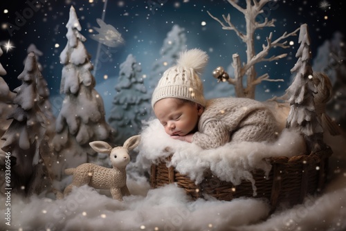 First photo shoot of a newborn child. Christmas card with baby