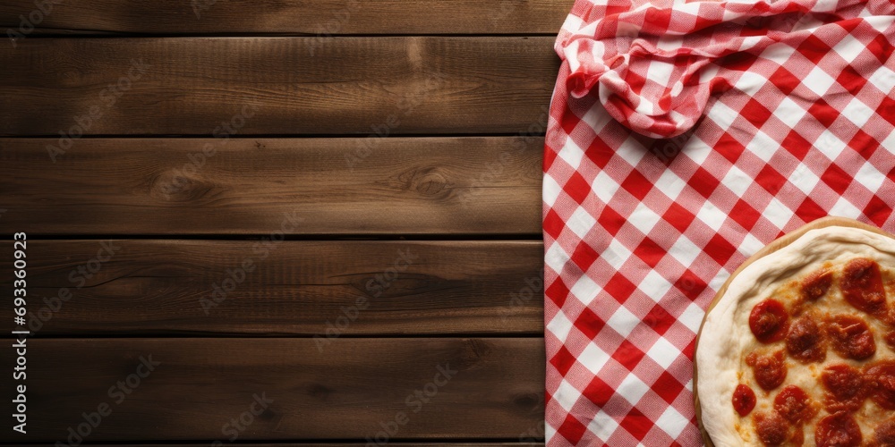 Obraz premium Vintage wooden background with red and white textile, providing copy space for text, displays cooking food, particularly pizza, on a wooden table.