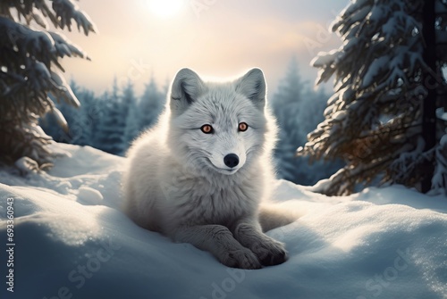 Winter baby arctic fox animal. Adorable snow portrait of wild dog. Generate Ai © nsit0108