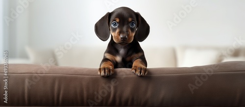 Small Dachshund puppy descending sofa steps at home.