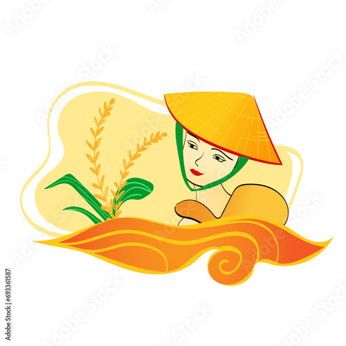 Vietnamese girl with non la (cone hat) and rice plant in a fresh morning with swirl, flowy cloud	
