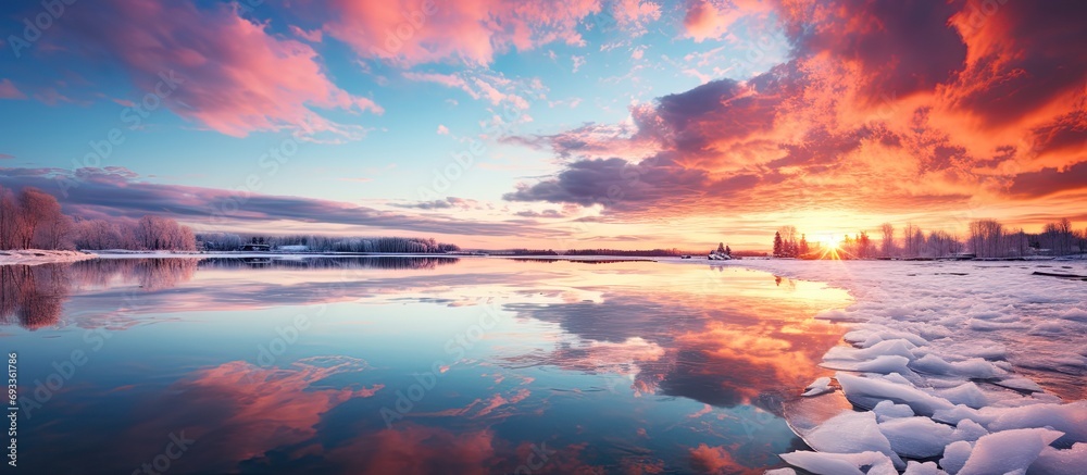 Snowy shore of frozen Saima lake at sunset. Ice fragments. Colorful cloudscape. Symmetry reflections. Finland.