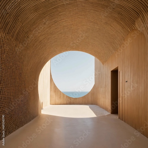 a vertical internal circular cylindre corridor with minimalist space, an ogive circular roof ,white sand  photo