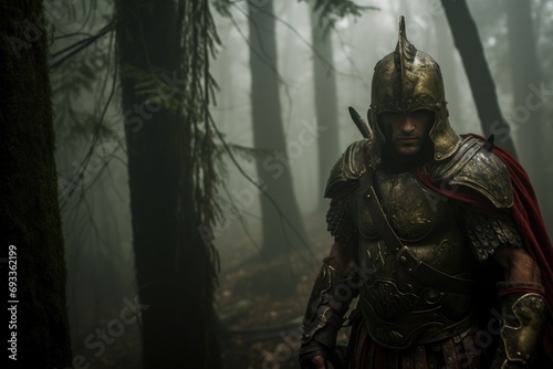 Gladiator in a dense, foggy forest, creating a mysterious and eerie atmosphere