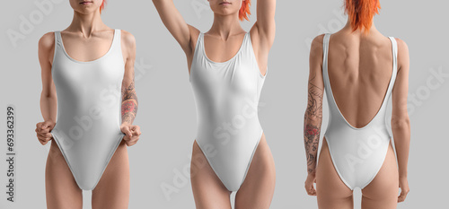 Mockup of a white one piece of sportswear on a girl with red hair, a tattoo on her arm, a swimsuit with an open back, closed front. Set