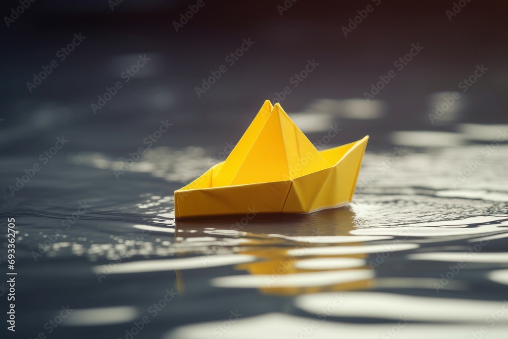 Yellow paper boat on water. Nature outdoor yellow origami ship swim. Generate Ai