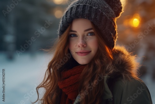 A woman wearing a hat and scarf in a snowy landscape. Perfect for winter-themed projects and fashion-related designs