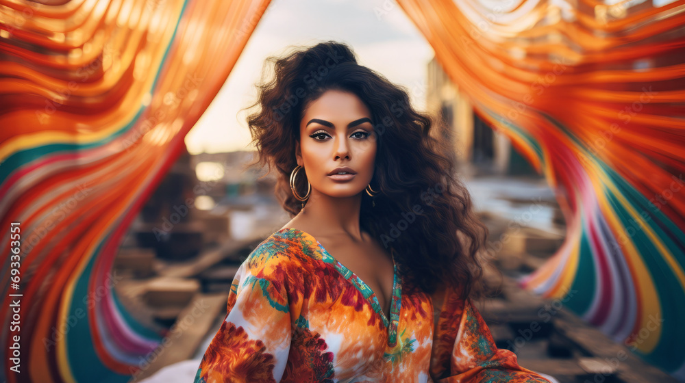 Fototapeta premium A Woman Posing Gracefully in Front of a Vibrant Curtain
