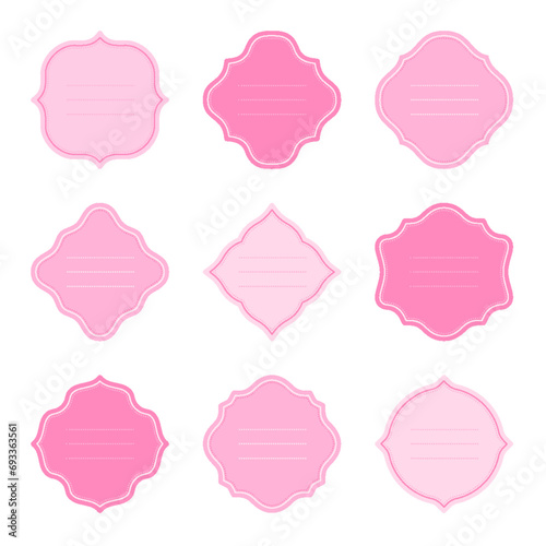 Frame label tag sticker shape cute pink flat set. Romantic elegant wedding holiday sweetheart paper price tag stamp name card gift label insignia invitation sale ornate retro print seal isolated