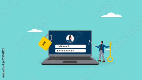 security concept illustration, businessman standing next to laptop while carrying security key, web or account protection concept, cyber security flat concept vector illustration