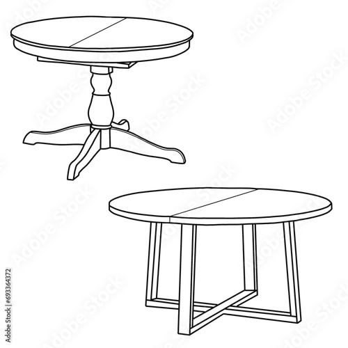 Hand-drawn extendable round table, dining table isolated on a white background.