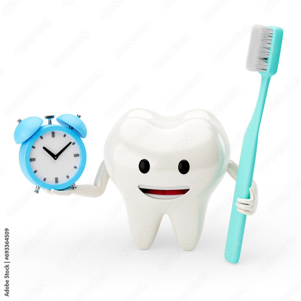 Tooth with an alarm clock and a toothbrush. Time to go brush my teeth. isolated on white. 3d render