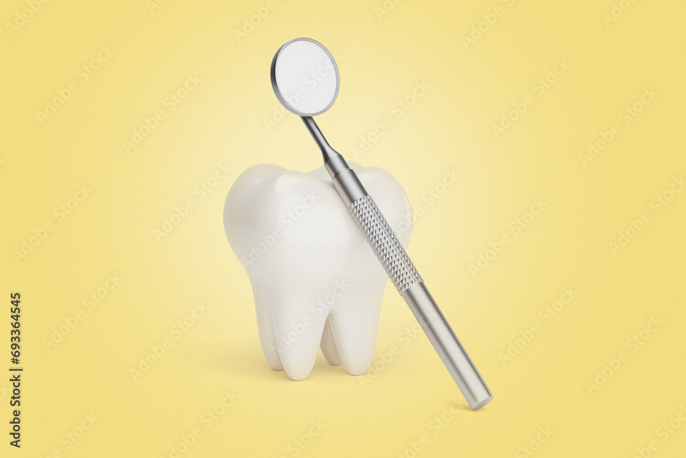 Tooth and dental mirror. Yellow background. 3d render Tooth and dental mirror. Yellow background. 3d render