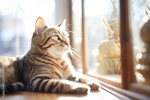 tabby cat basking in sunlight by glass pane