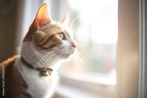 purring cat with whiskers lit by window sunlight