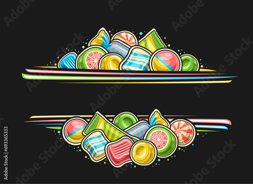 Vector border for Candy Shop with empty copy space for text, decorative sign board with illustration of colorful wrapped hard candies, template with pile of variety bubble gums and group gummy candies