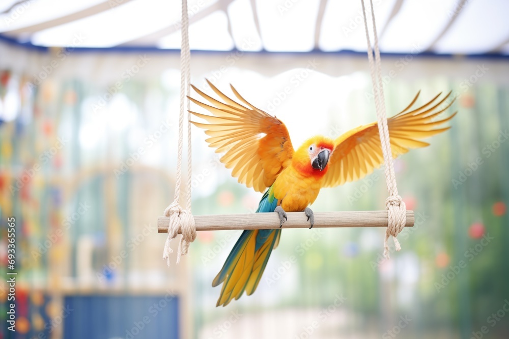 sun conure flapping wings on a swing in aviary - obrazy, fototapety, plakaty 