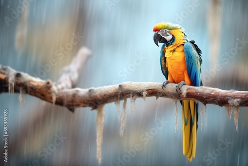 macaw parrot with blue and yellow feathers on a natural tree branch