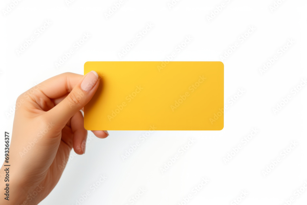 Close-up of female hand holding yellow bank credit card. Online payment concept. Isolated on white background. Mockup, copy space. Close-up of female hand holding yellow bank credit card. Online payment concept. Isolated on white background. Mockup, copy space.