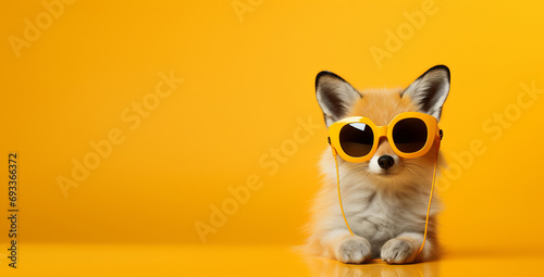 Fox in headphones and sunglasses on an orange background. Copy space