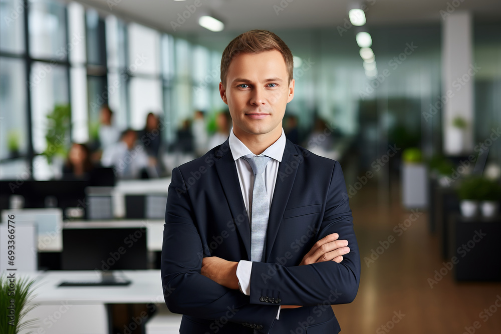 Portrait of a successful male businessman in a suit against the background of a modern office Portrait of a successful male businessman in a suit against the background of a modern office