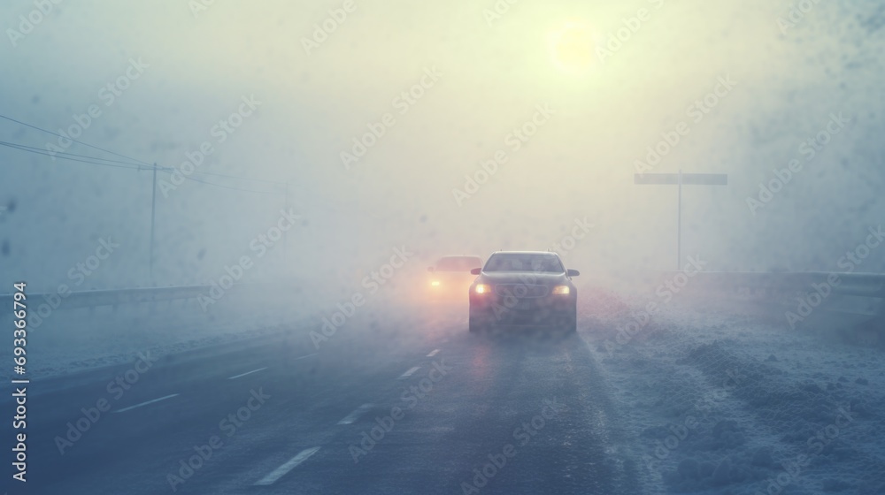 A car driving on a snowy road in the fog. Suitable for winter driving safety tips