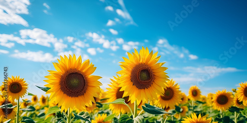 Sunflower field cover cloudy and blue sky, Sunflowers Stand Tall In The Field Background, Chasing the Sun, Summer landscape. Field of sunflowers under the blue sky 