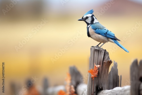 blue jay sitting on a fence post with fall colors in the field photo