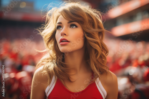 Woman in red at stadium background sports competition victory. Generative ai image