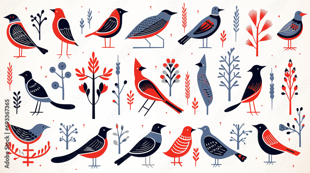 Fototapeta premium Nordic Christmas Linocut: Festive Birds in Scandinavian Style