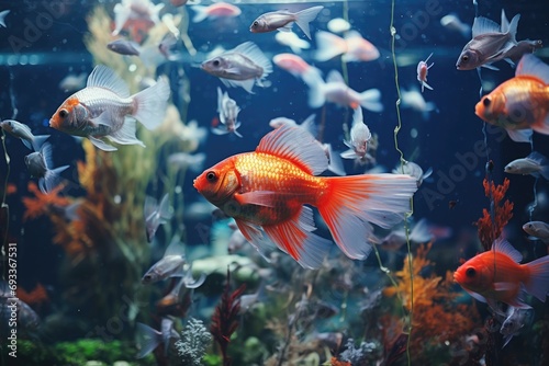 A group of fish swimming in an aquarium. Perfect for aquarium enthusiasts or educational materials