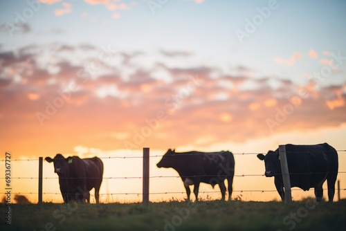 silhouette of cows at sunset in pasture © stickerside