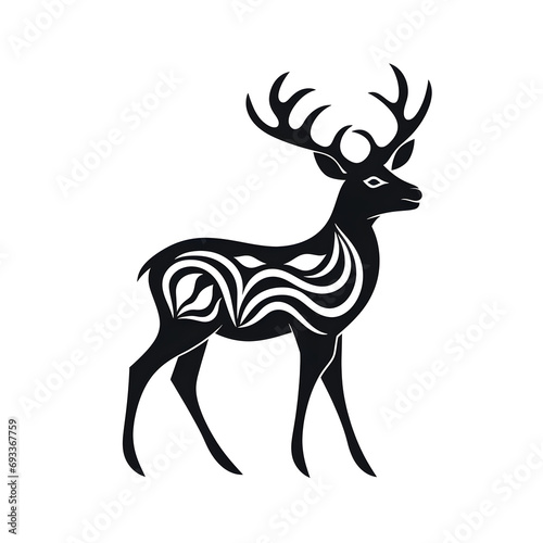 Hand drawn reindeer silhouette black and white graphic illustration isolated on white background