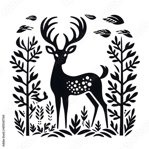 Hand drawn reindeer silhouette black and white graphic illustration isolated on white background