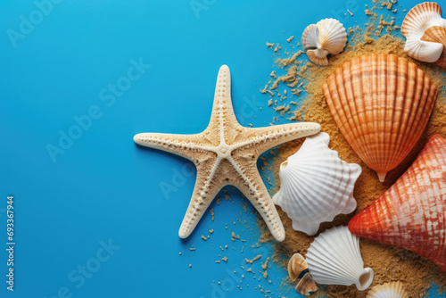 Shells and starfish on blue background. Perfect for beach-themed designs and coastal decorations.