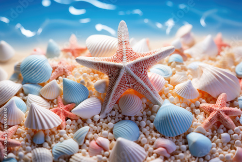 Beautiful starfish surrounded by various shells on sandy beach. Perfect for beach-themed designs and coastal decor. © vefimov