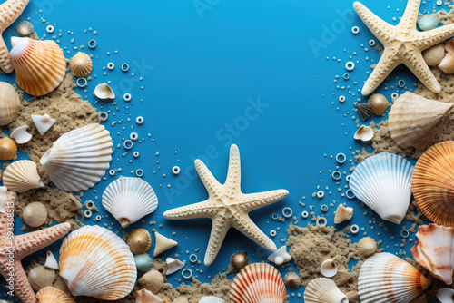 Vibrant blue background featuring shells and starfish. Perfect for beach-themed designs.